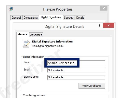 Screenshot of the Analog Devices Inc. certificate